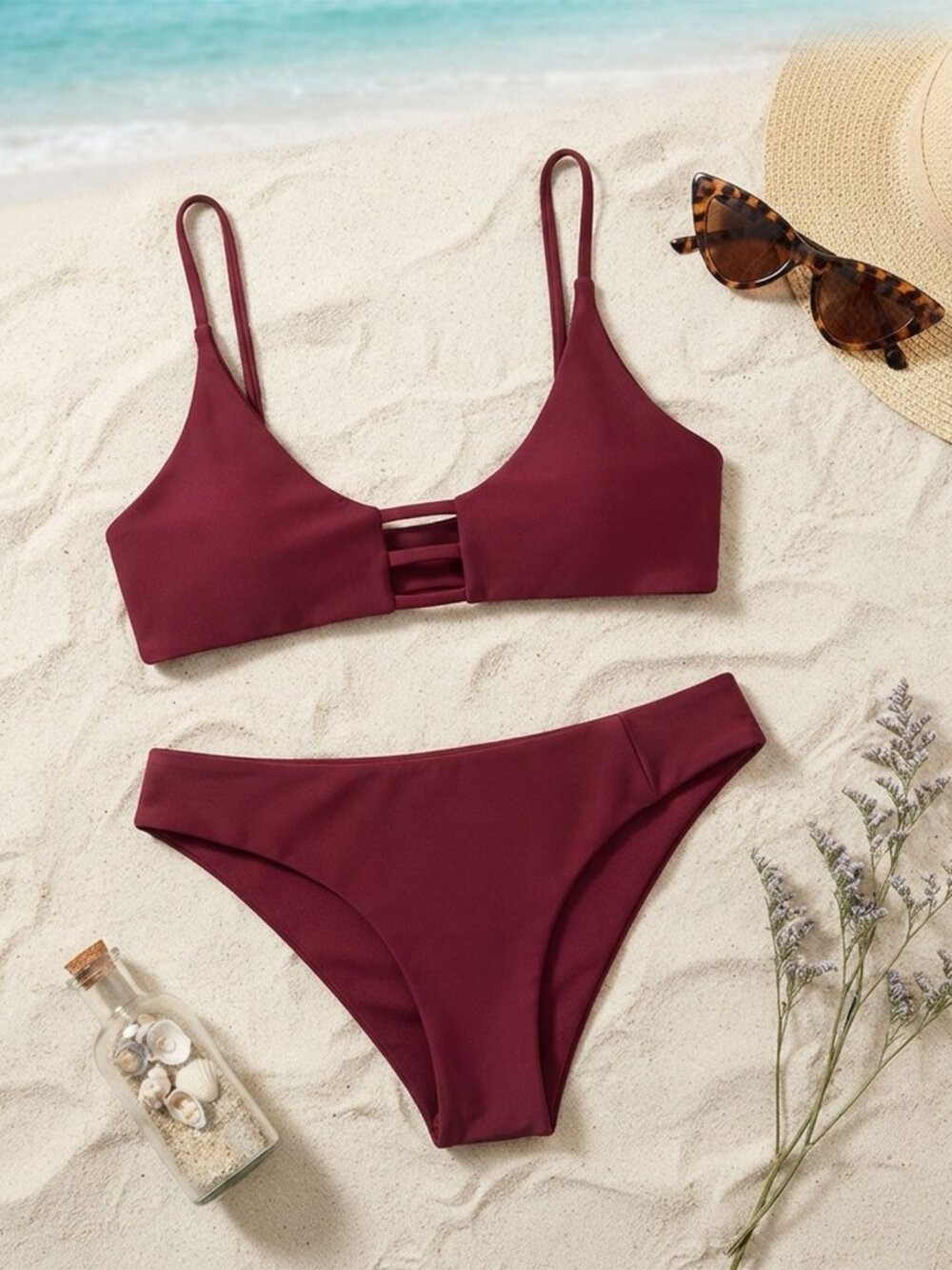 Elina Strappy Cheeky Bikini Maroon Stretch Swimwear Set Women's
